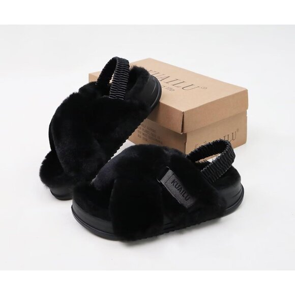 Women's Fleece Fuzzy Fur Criss Cross Open Band Cozy Slippers Black Shoes - Picture 9 of 9